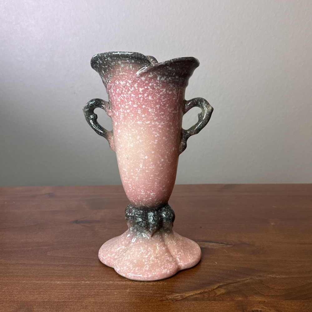 VTG Hull Pottery Woodland Vase W18 Speckled Pink Gray Speckled Double Handle MCM